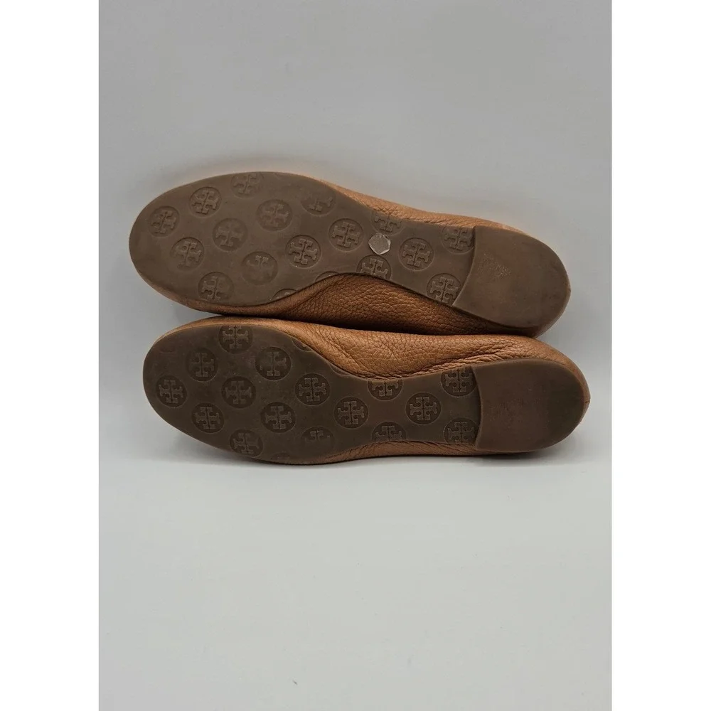 Tory Burch Reva Women Flats Sz 7 Tan Tumbled Leather Ballet Logo